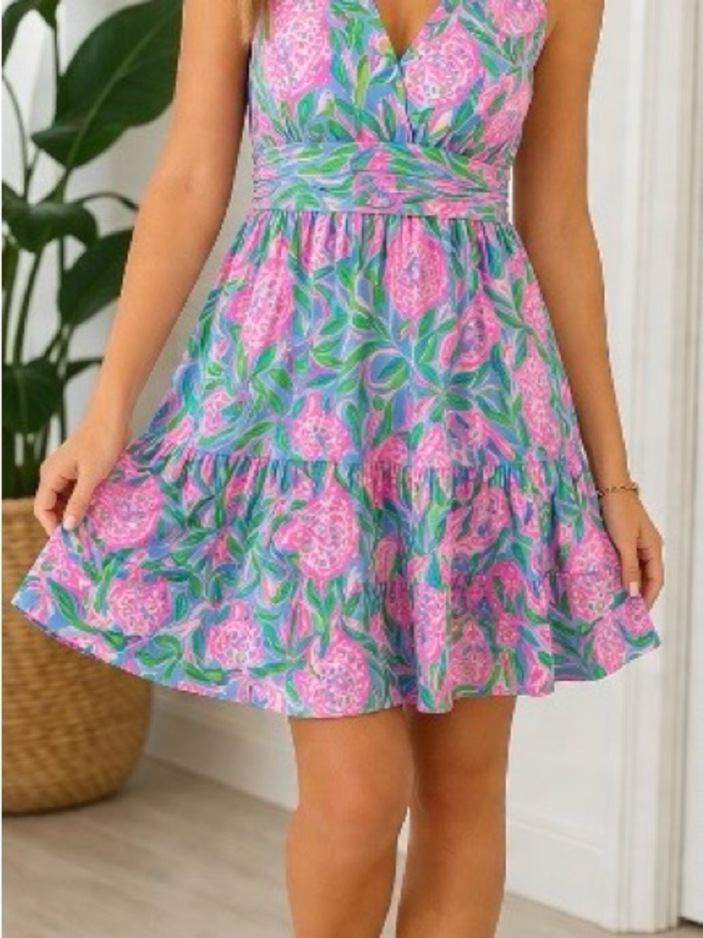 Lilly Pulitzer Pink & Green Floral V-Neck Midi Dress Sz L Resort Sleeveless